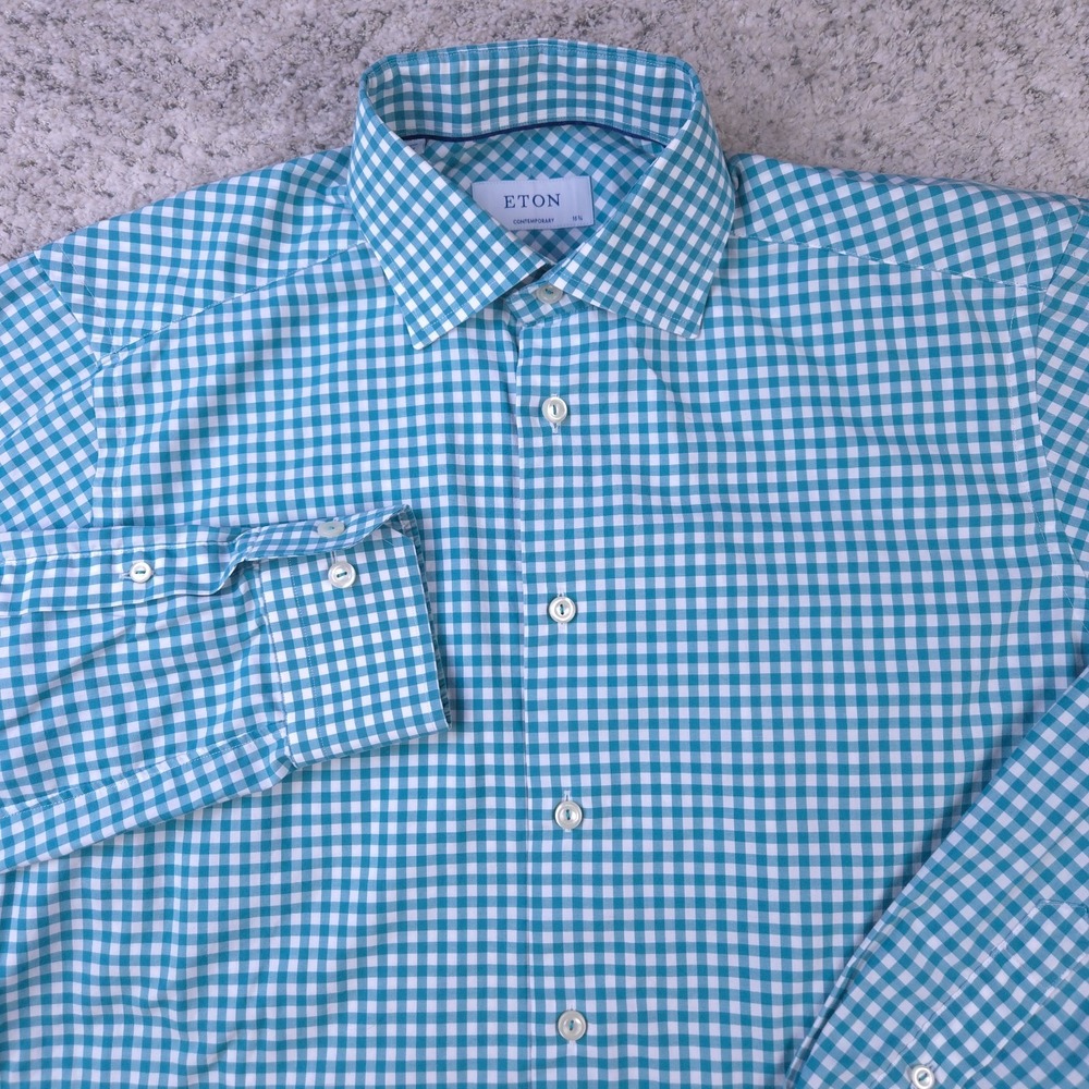 Eton Mens 15.75 40 Contemporary Check Teal Green Cutaway Collar Dress Shirt